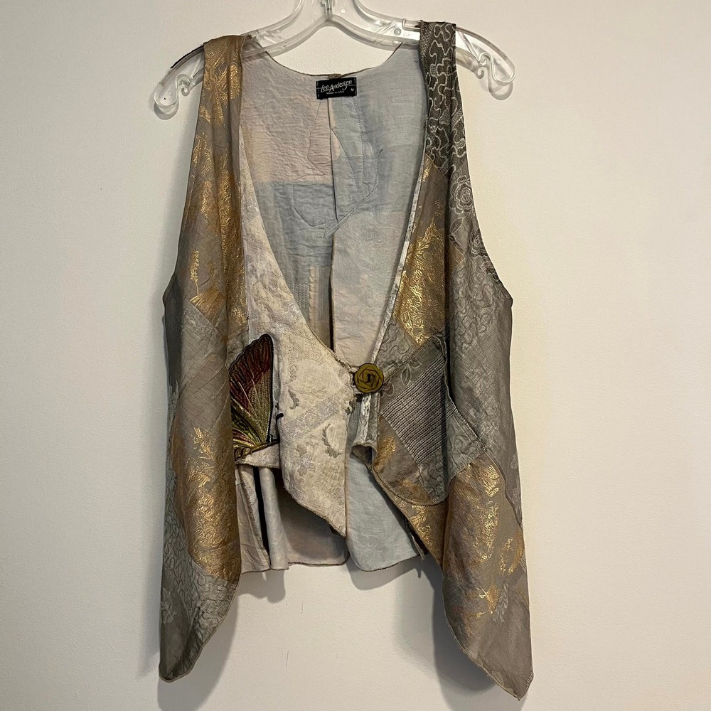 VTG Lee Andersen Vest Gray Gold Butterfly Patchwork Lagenlook Artsy Medium